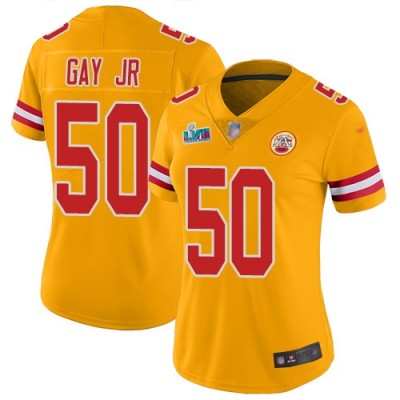 Nike Kansas City Chiefs #50 Willie Gay Jr. Gold Super Bowl LVII Patch Women's Stitched NFL Limited Inverted Legend Jersey